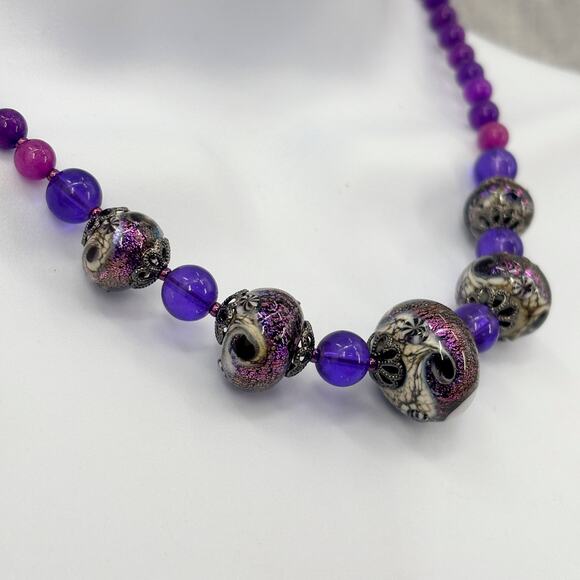 Purple Beaded Necklace with Galaxy-Inspired Statement Beads 19" Collar Length - Picture 2 of 6